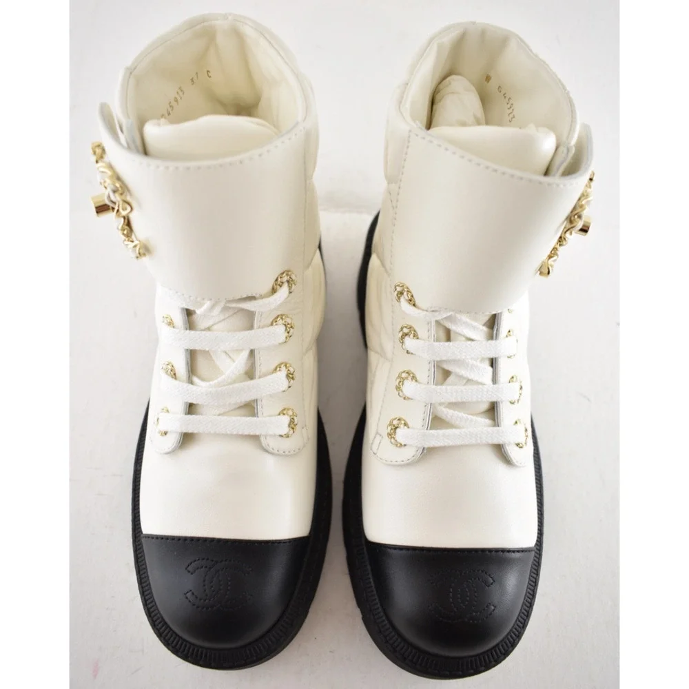 Chanel 24B White Quilt Gold CC Chain Combat Black Platform Ankle Short Boots 37c - Picture 14 of 16